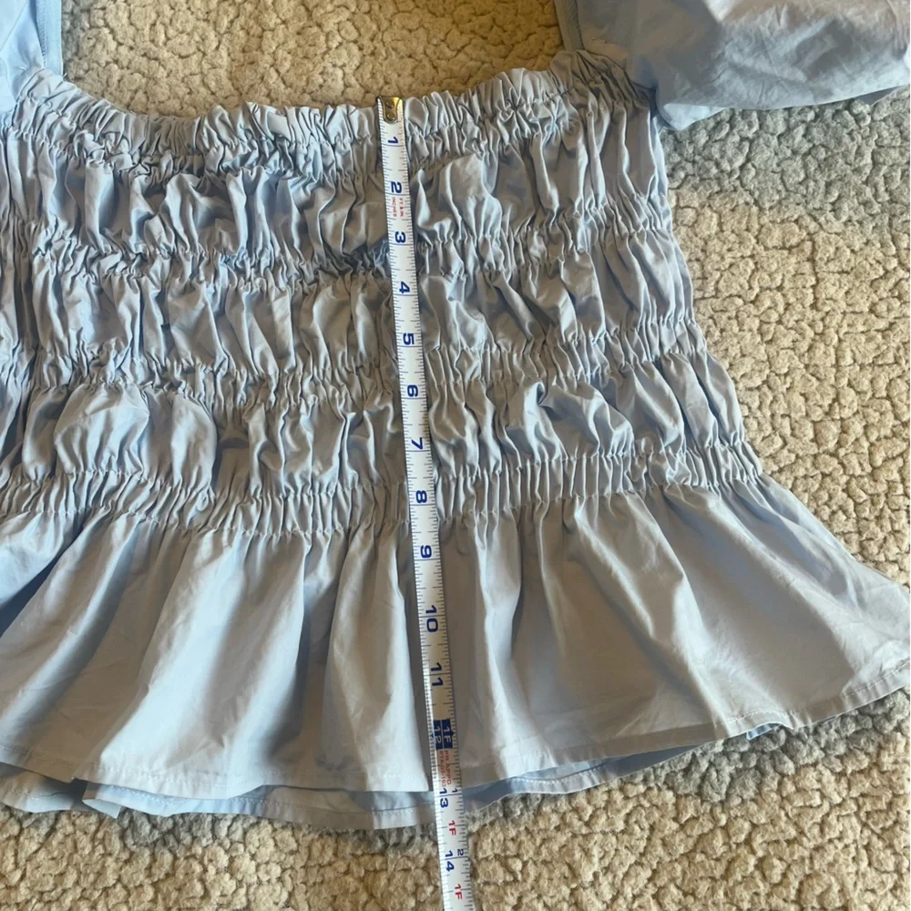 ASTR Light Blue Cinderella Puff Sleeve Smocked Top Medium